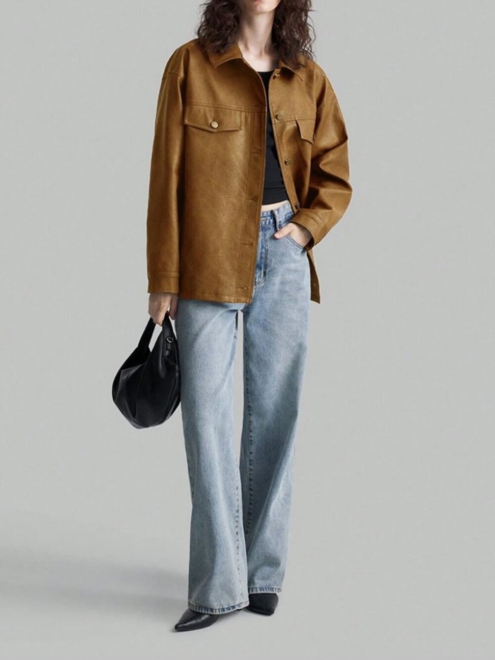Camel Faux Leather Snap Front Jacket with Flap Pockets - Picture 3 of 9